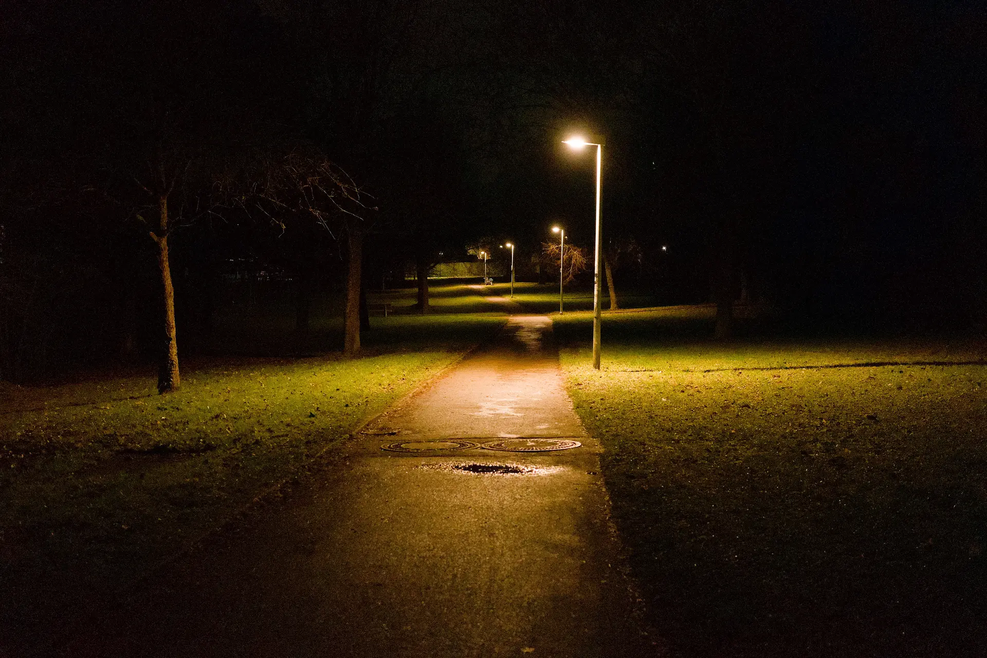 A colour photo at night. In the middle is a pedestrian way well lit by street lamps. To the left and right is mostly grass and some trees. The circles of the light from the street lamps and the colour temperature of the light give the photo its style.